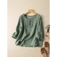 thumbnail image 2 of Yubnlvae 2025 Women's Cotton Linen Seven Quarter Sleeve Embroidered Loose T Shirt Green 3XL, 2 of 6