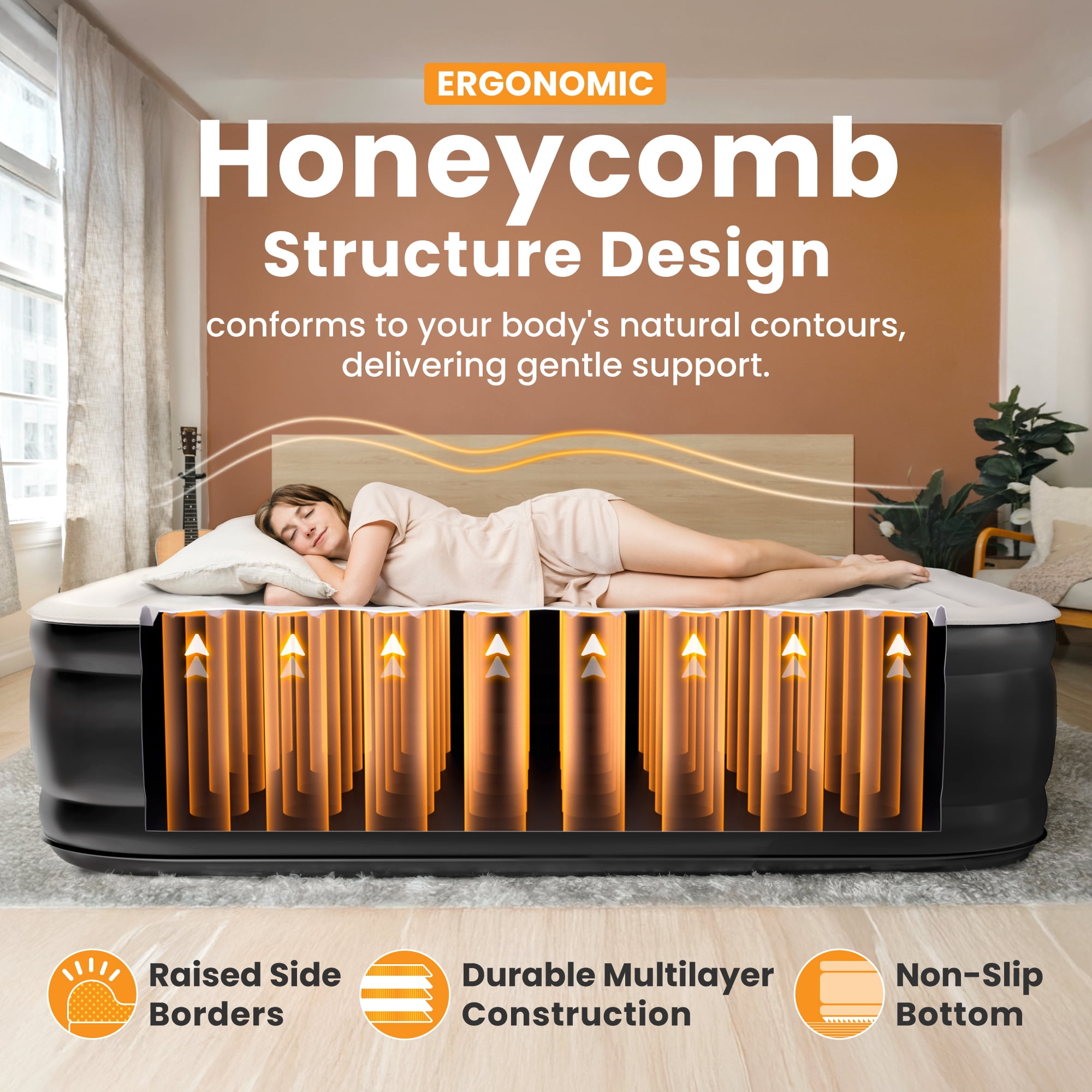 Dr. Air Queen Air Mattress, 18” Raised Inflatable Bed with Built-in Pump, Waterproof Velvety Top, Ergonomic Design, Reinforced Support, and Carry Bag for Home, Camping, and Guests