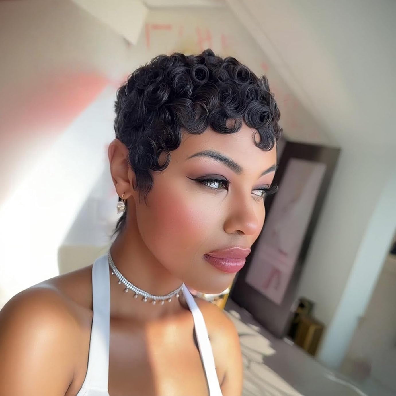 No Glue Pixie Cut Wigs for Black Women Brazilian Curly Human Hair Glueless Short Layered Wigs With Bangs Natural Black Daily Wig