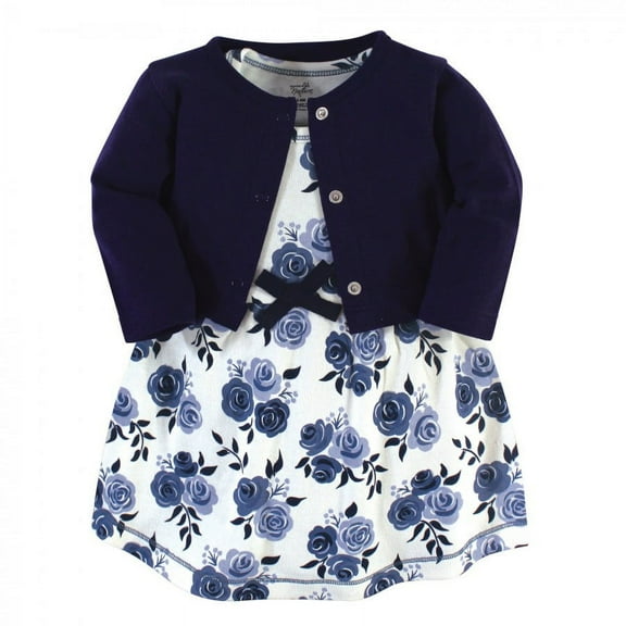 Touched by Nature Baby and Toddler Girl Organic Cotton Dress and Cardigan 2pc Set, Navy Floral, 0-3 Months