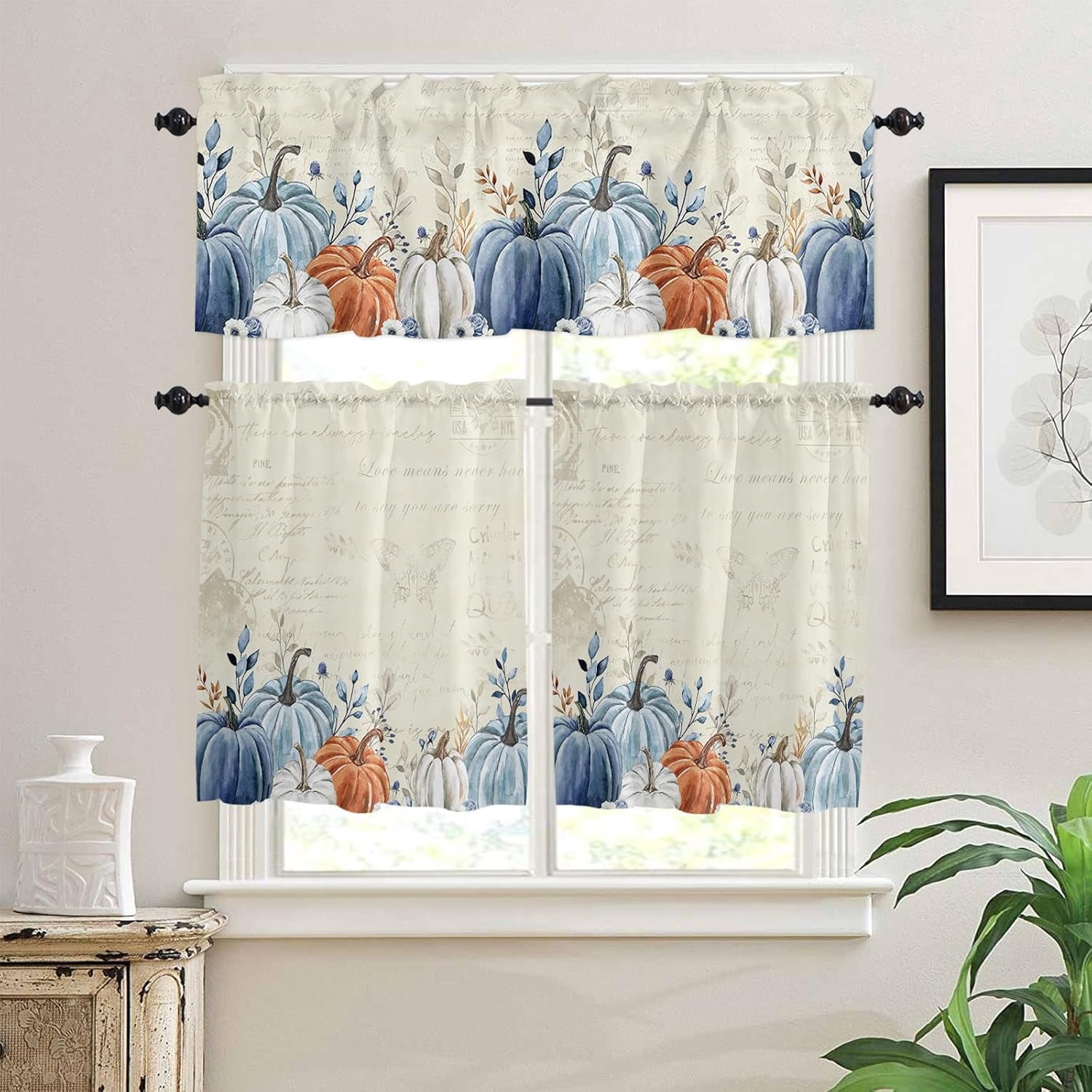 Blue Grey Pumpkin Fall Kitchen Curtains Set Half Curtains 24 Inches Length, Thanksgiving Rustic Tier Curtains and Valance Set, Maple Leaf Botanical Window Treatment Draperies for Cafe Bathroom Bedroom