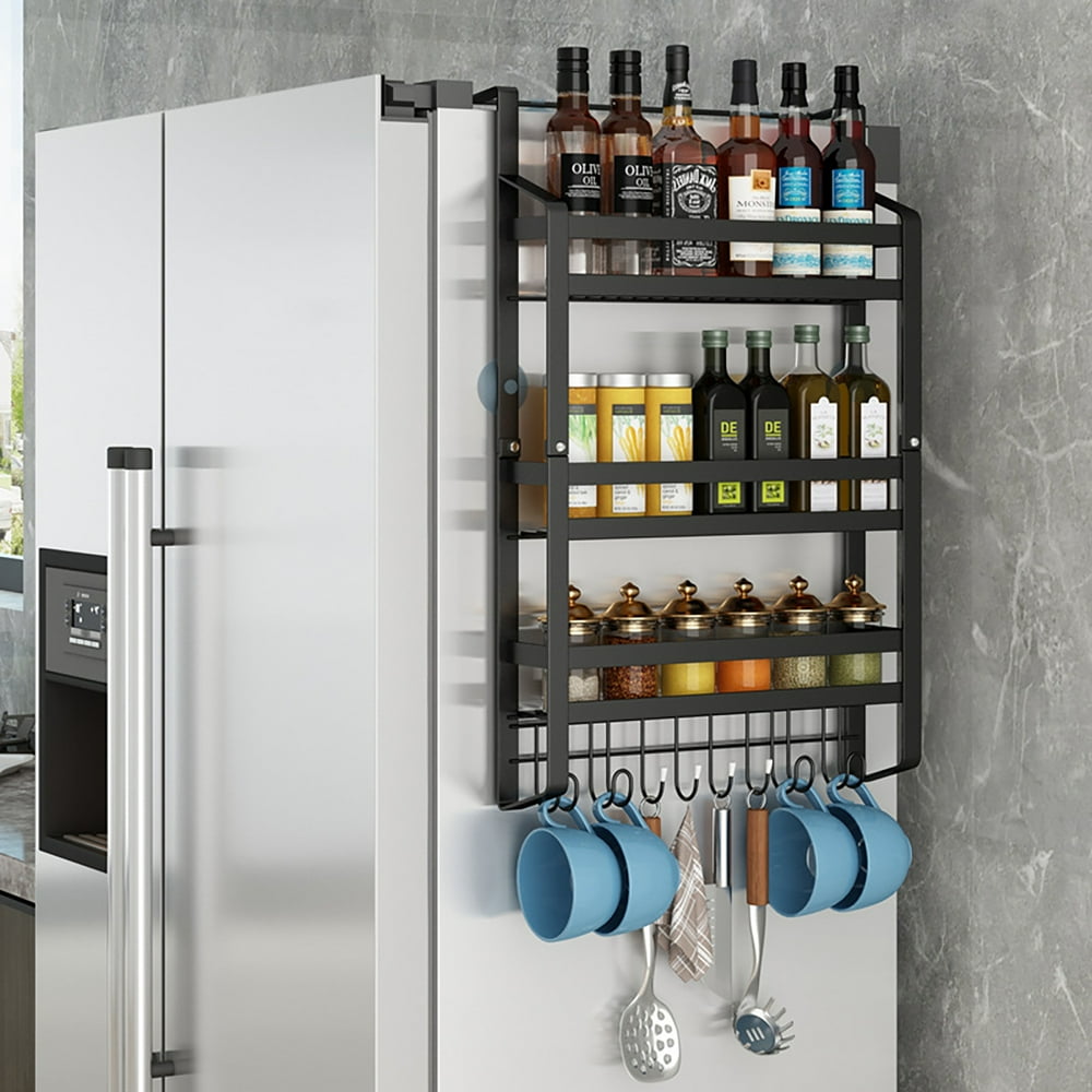 Magnetic Fridge Spice Rack with 8 Extra Hooks 3 Tier Refrigerator Shelf