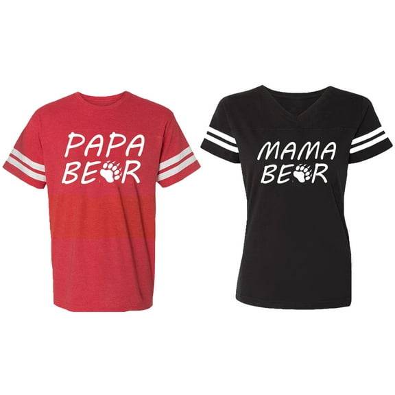 Papa Mama Bear Matching Couple Cotton Jerseys (Men Red / Women Black) (Men S / Women S)