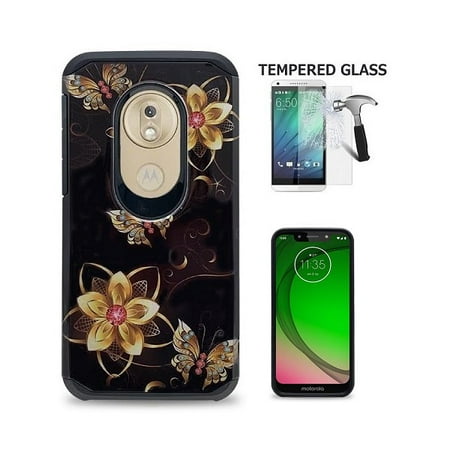 Phone Case for Straight Talk Moto g7 Optimo  Prepaid Smartphone/ Moto G7 Play, Dual Layer Hybrid Shockproof Slim Hard Cover Protective Case + Tempered Glass Screen Protector (Black-Gold