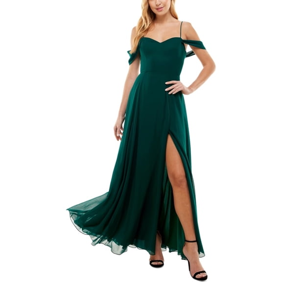 CITY STUDIO Womens Green Slitted Zippered Draped Sleeves Lace-up Back Spaghetti Strap Sweetheart Neckline Full-Length Formal Gown Dress Juniors 11