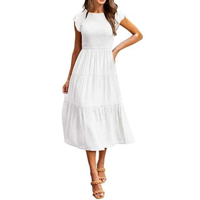Women Ruffle Short Sleeve Long Dress Smocked Tiered A Line Dress Crew Neck