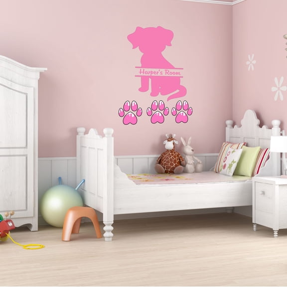 Personalized Name Animal Wall Decal Cute Girly Pink Dog Silhouette Bedroom Wall Decal for Children Dog Cute Themed Room Decal - Size: 7 In x 10 In