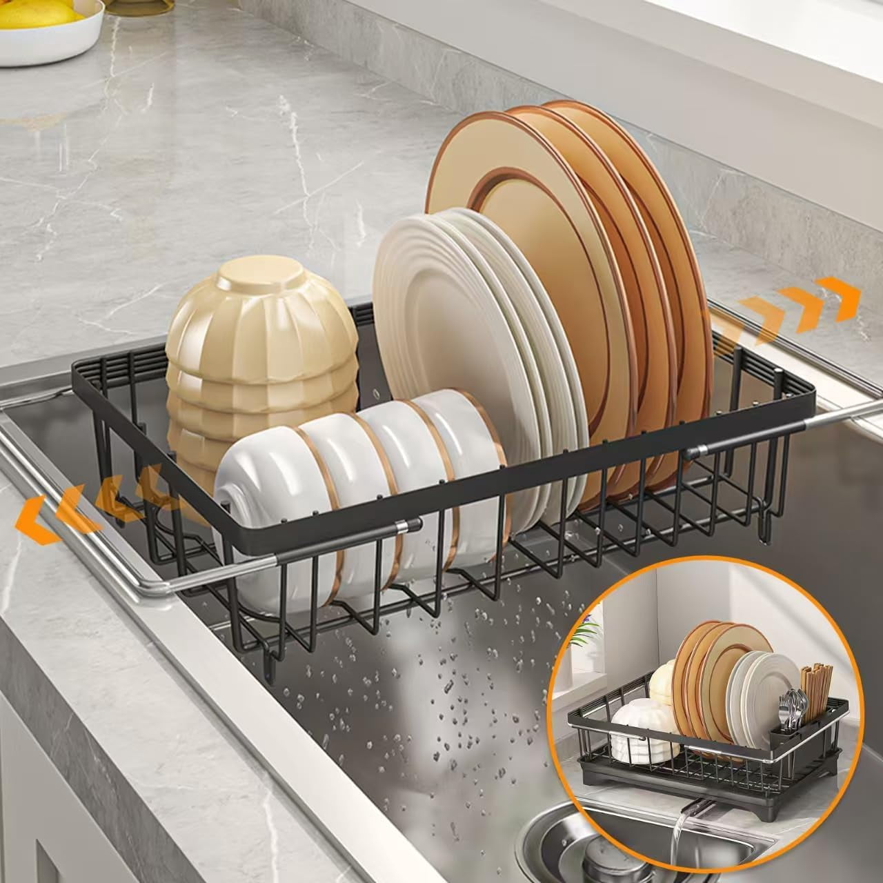 Expandable Dish Drying Rack- Space-Saving Dish Rack, Dish Drainers for Kitchen Counter with a Cutlery Holder, Over The Sink Dish Racks Fit for 14’’-19’’ Kitchen Sink