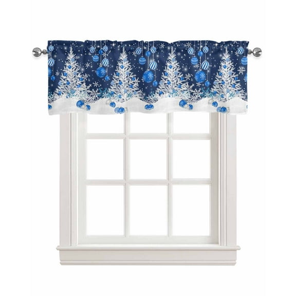 Blue Christmas Tree Linen Curtain Valance for Bedroom/Bathroom/Kitchen/Office/Living/Dining Room Window,Xmas Balls Navy Blue Snowflake Rod Pocket Topper Decorative Cafe Drapes Panel 54"x18"