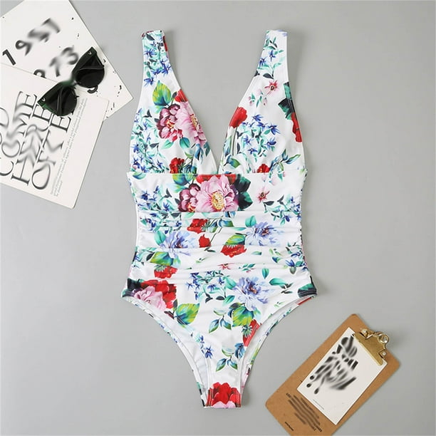 Uorcsa Pool Floral Printed Swimsuit Beach Bikini One Piece Jumpsuit