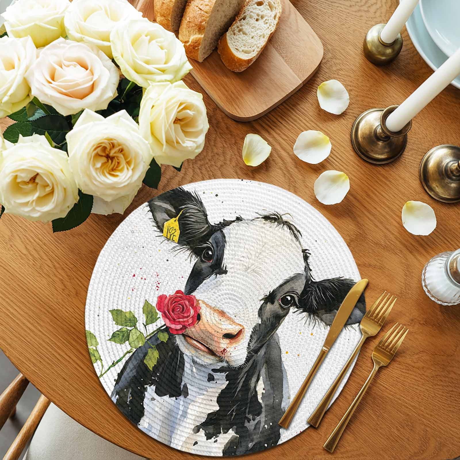 Black White Cow Round 13 Inch Placemats Set of 8, Spring Farmhouse Animals Printed Red Floral HeatResistant Non Slip Place Mats for Dining Table, Wipeable Braided Kitchen Table Mats for Housewarming