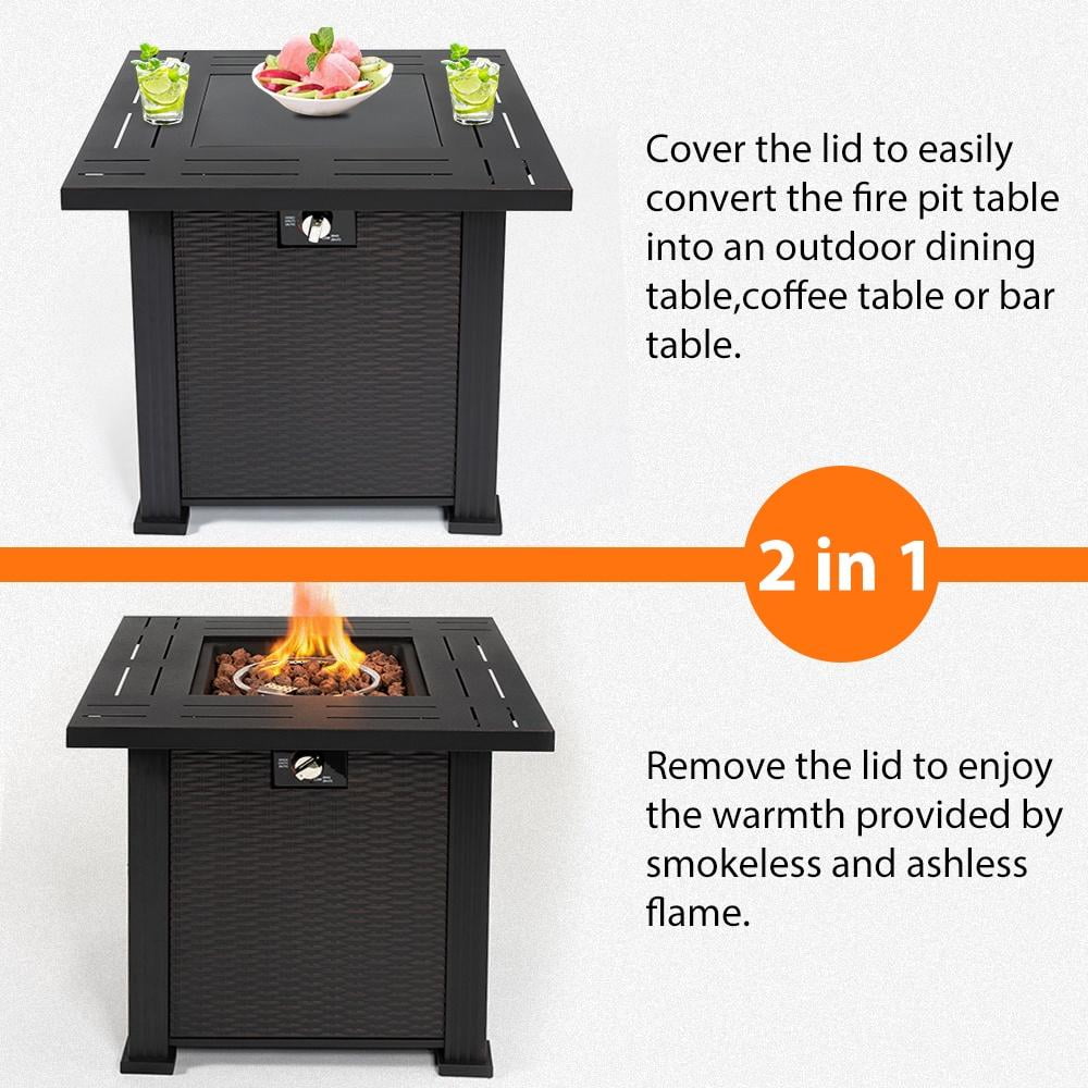 2-in-1 Propane Fire Pit Table, Outdoor Table with Fire Pit, 28 Inch 50,000 BTU Auto-Ignition Gas Fire Pit Table with Lid and Lava Rock, Square Fire Table for Yard Patio Garden