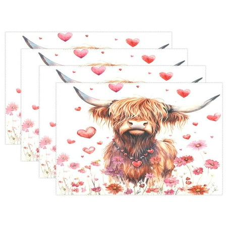 

Ryvnso Placemats Set of 4 Highland Cattle and Hearts Dining Mats Heat-Resistant Non-Slip Washable Table Mat