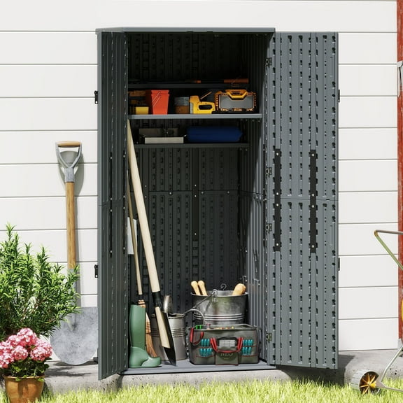 EHHLY Freestanding Garage Storage Cabinet, 28 Cu Ft Resin Utility Cabinet with 4 Adjustable Shelves, Lockable Waterproof Organizer for Garage, Patio, Backyard, Sage Gray