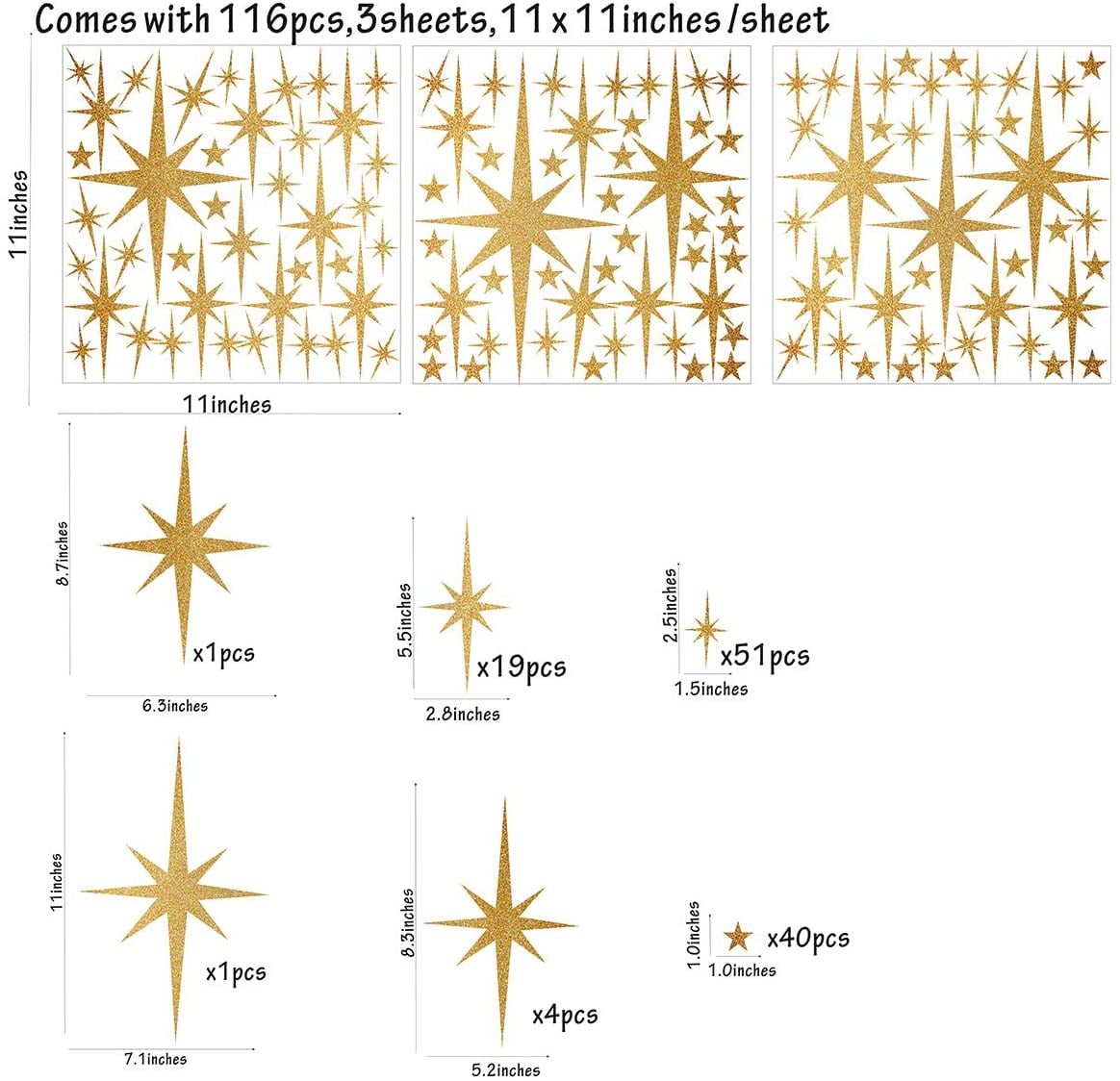 Star Wall Stickers Girls Room Wall Decals (116pcs) Sparkle Wall Sticker Stick and Peel Stars Stickers-6 Sizes image 2