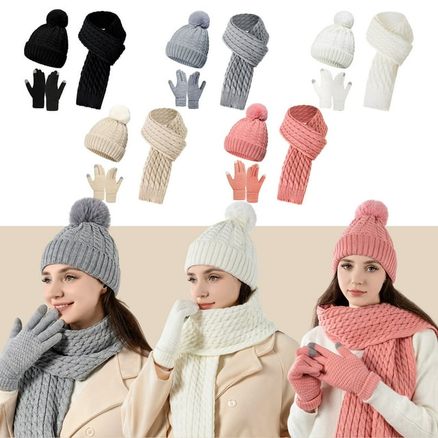 Set de guantes de bufanda para sombrero de invierno para mujer | Forro polar cálido de punto acrílico de 3 piezas | Guantes antideslizantes con pantalla táctil | Bufanda larga con patrón retorcido
