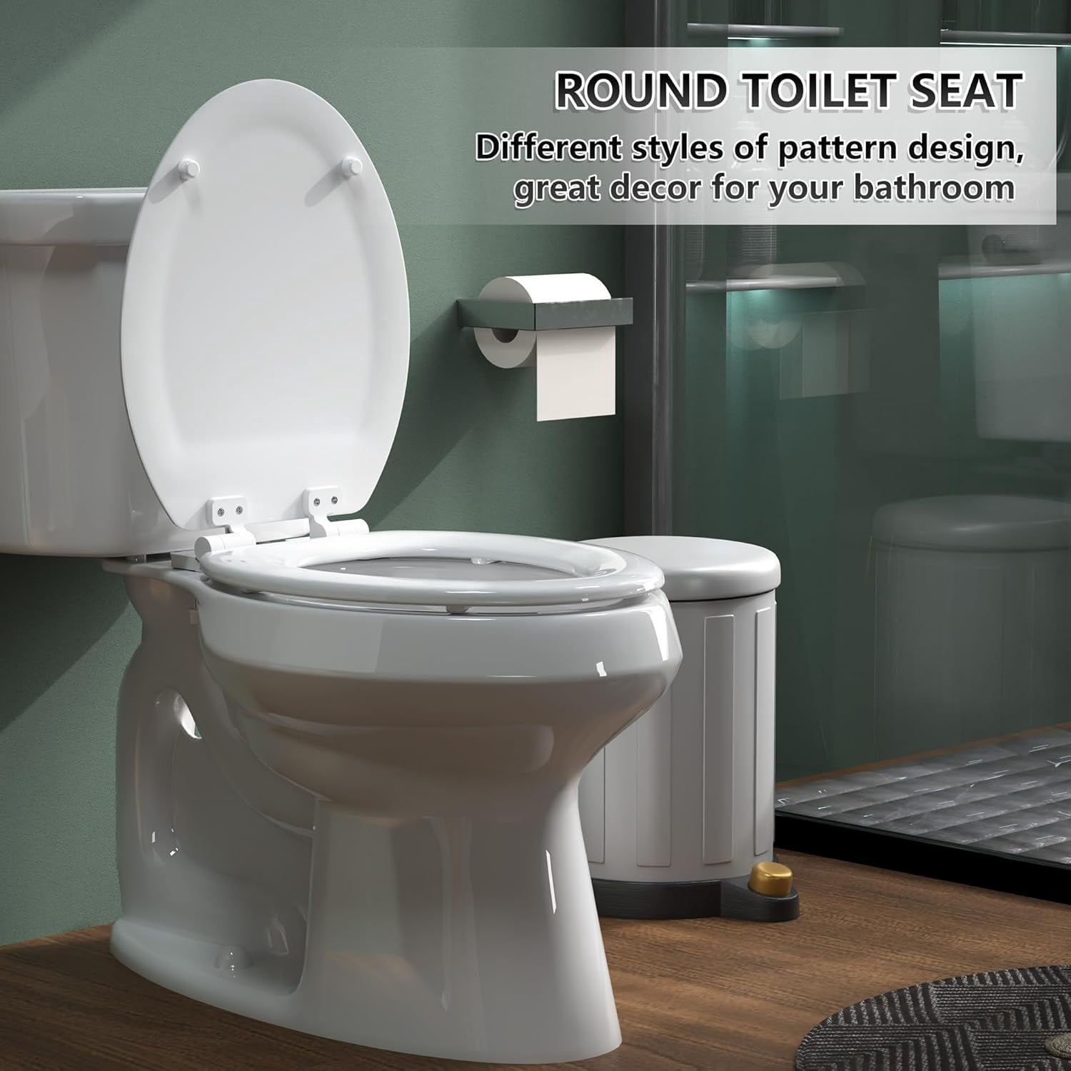 Elongated Toilet Seat  Quiet-Close Molded Wood Toilet Seat with Non-Slip Adjustable Hinges, Anti-Pinch Bumpers, Easy Install & Clean（White, Elongated 18.5''）