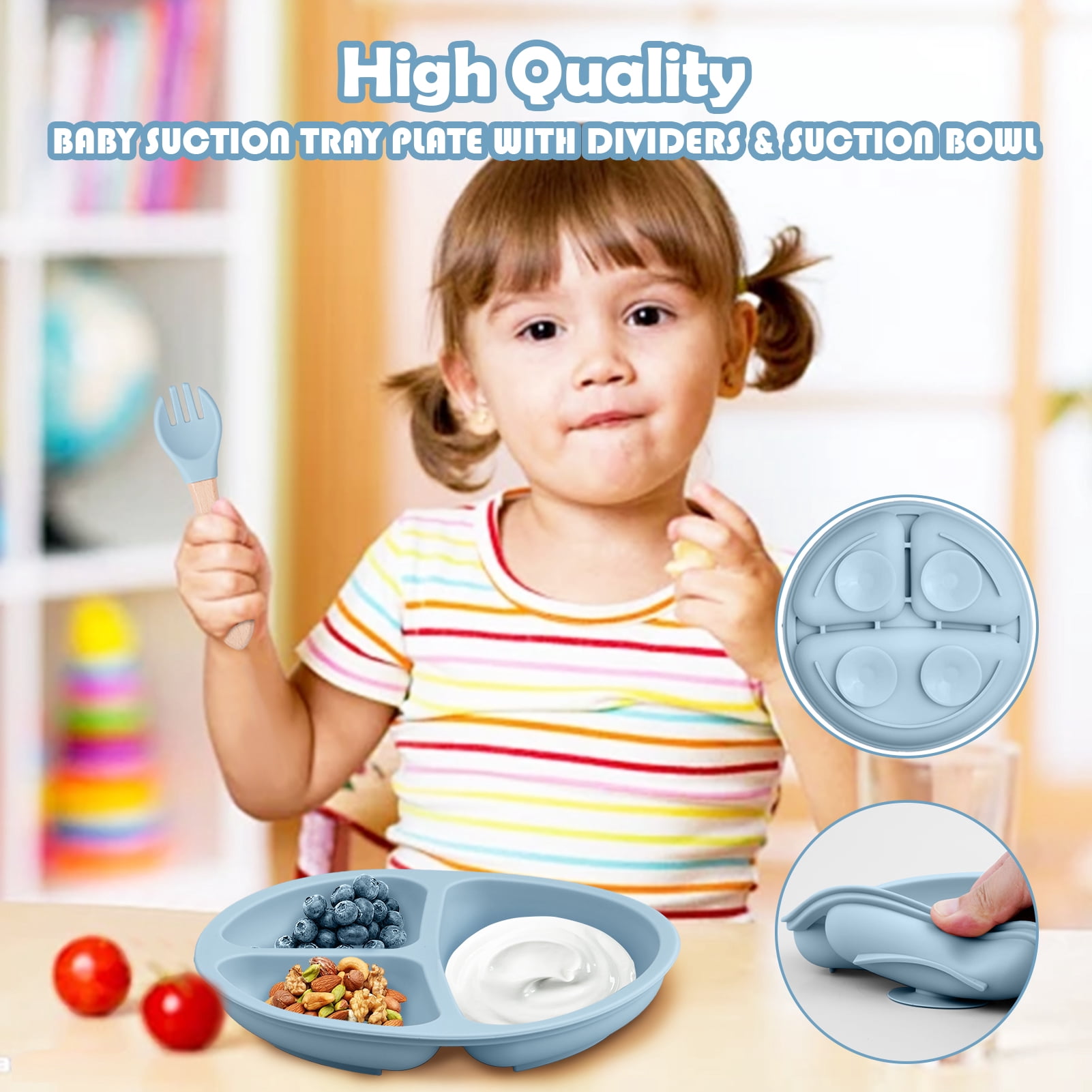 Lumikrypt 9 Pcs Silicone Baby Feeding Set, Baby Led Weaning Utensils, Baby Suction Bowl, Plates, Bib, Spoons Set, Sippy Cup with Straw, Baby Self Feeding Supplies Set(Grey blue)