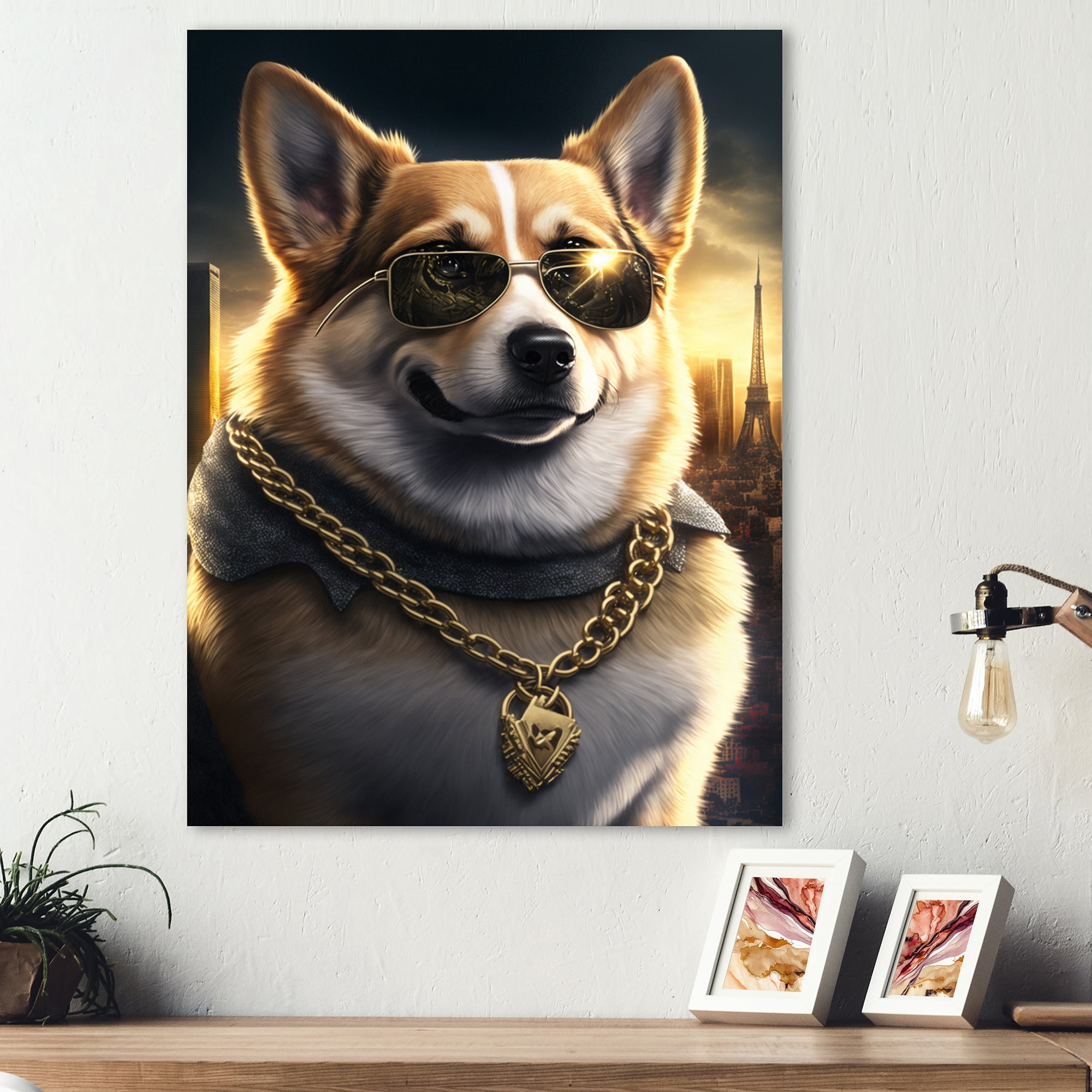 Designart Pembroke Welsh Corgi Gangster In NYC I Canvas Wall Art