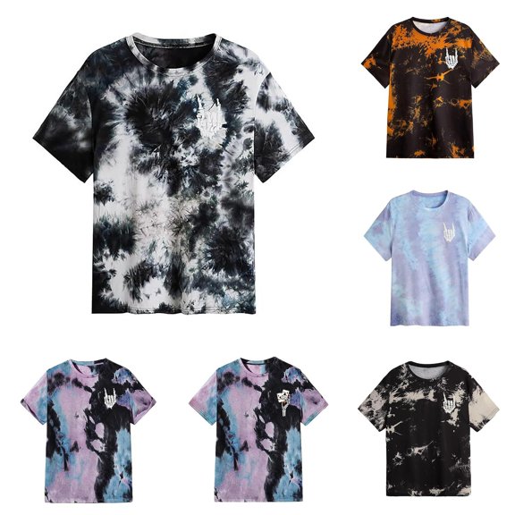 Wxolcjlv Unisex Black White Tie Dye Embroidery Crew Neck T-Shirt Short Sleeve Loose Fit Street Retro Daily Basic Tee