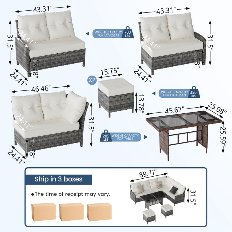 ELPOSUN 7-Piece Outdoor Patio Furniture Set - Sectional Sofa, Dining Table & Chairs Included, All-Weather Conversation Set with Ottoman, Gray Rattan,Beige