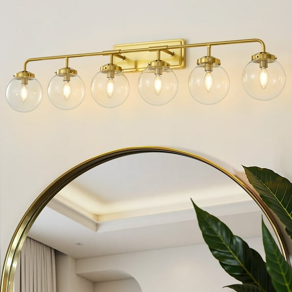Deyidn 6-Light Gold Bathroom Vanity Light with Clear Globe Glass Shade Modern Bathroom Wall E12 Bulb
