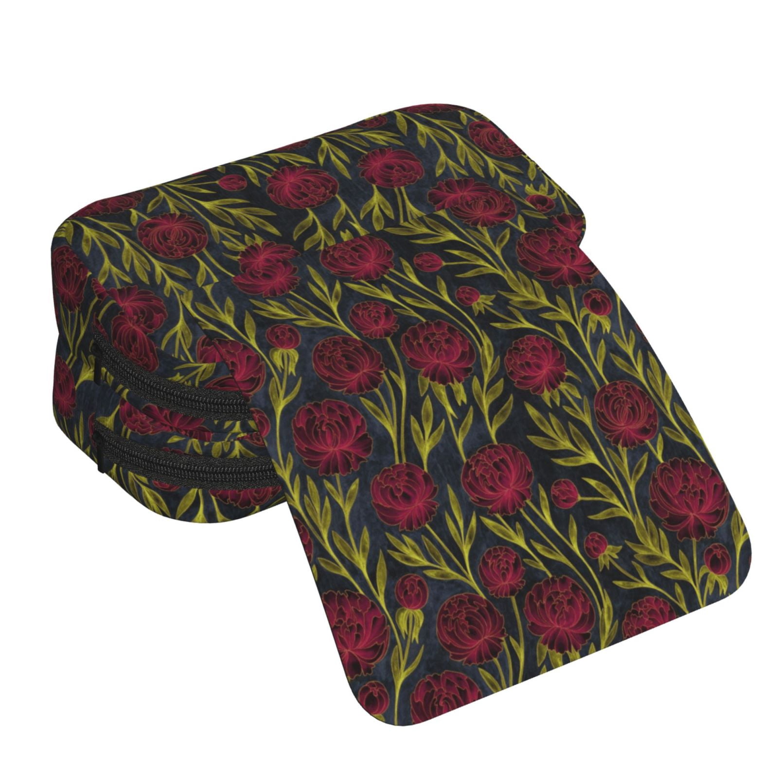 Rateoe Burgundy Peony Flowers Pattern Double Clamshell Pen Case, Storage Organizer with Two Zipper Compartments– Holds Up to 50 Pencils & Pens