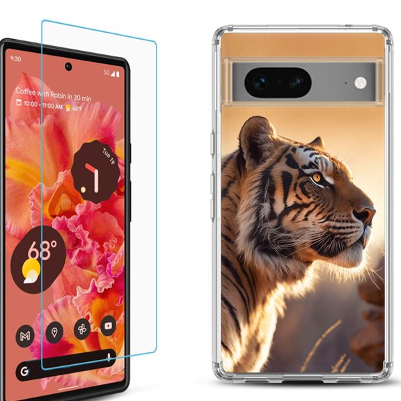 OneToughShield ® for Google Pixel 7a Shockproof Bumper Phone Case, with Tempered Glass Screen Protector - Tiger