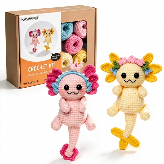 KAWAMII Crochet Kit for Beginners, Axolotl Amigurumi Set for Adults