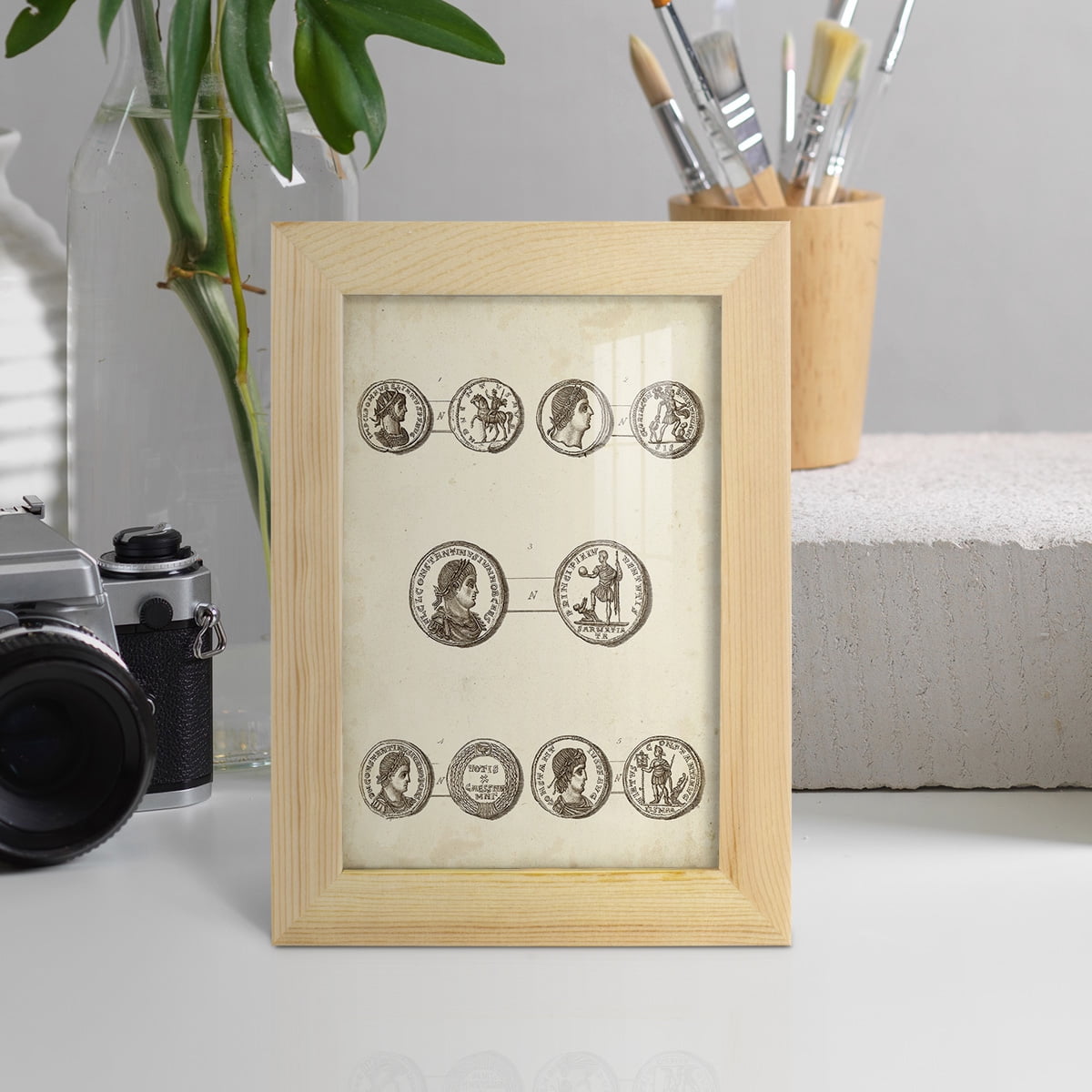 Antique Roman Coins V -Framed Print w/glass-Natural Wood