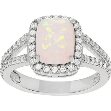 Alexandria Collection Women's Emerald-Cut Created Opal CZ Sterling Silver Halo Engagement Ring