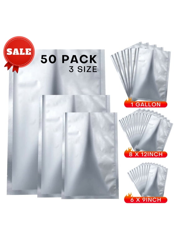 50PCs 8.7 Mil Thick Mylar Bags for Food Storage Aluminum Heat Sealable Bags Storage Bags 1 Gallon/ 2 Quart /Small Size