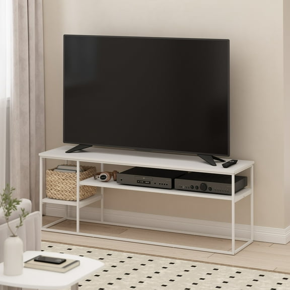 Furinno MORETTI Modern Lifestyle TV Stand, Entertainment Center for TV up to 65 Inch, for Living Room, Bedroom, White/White
