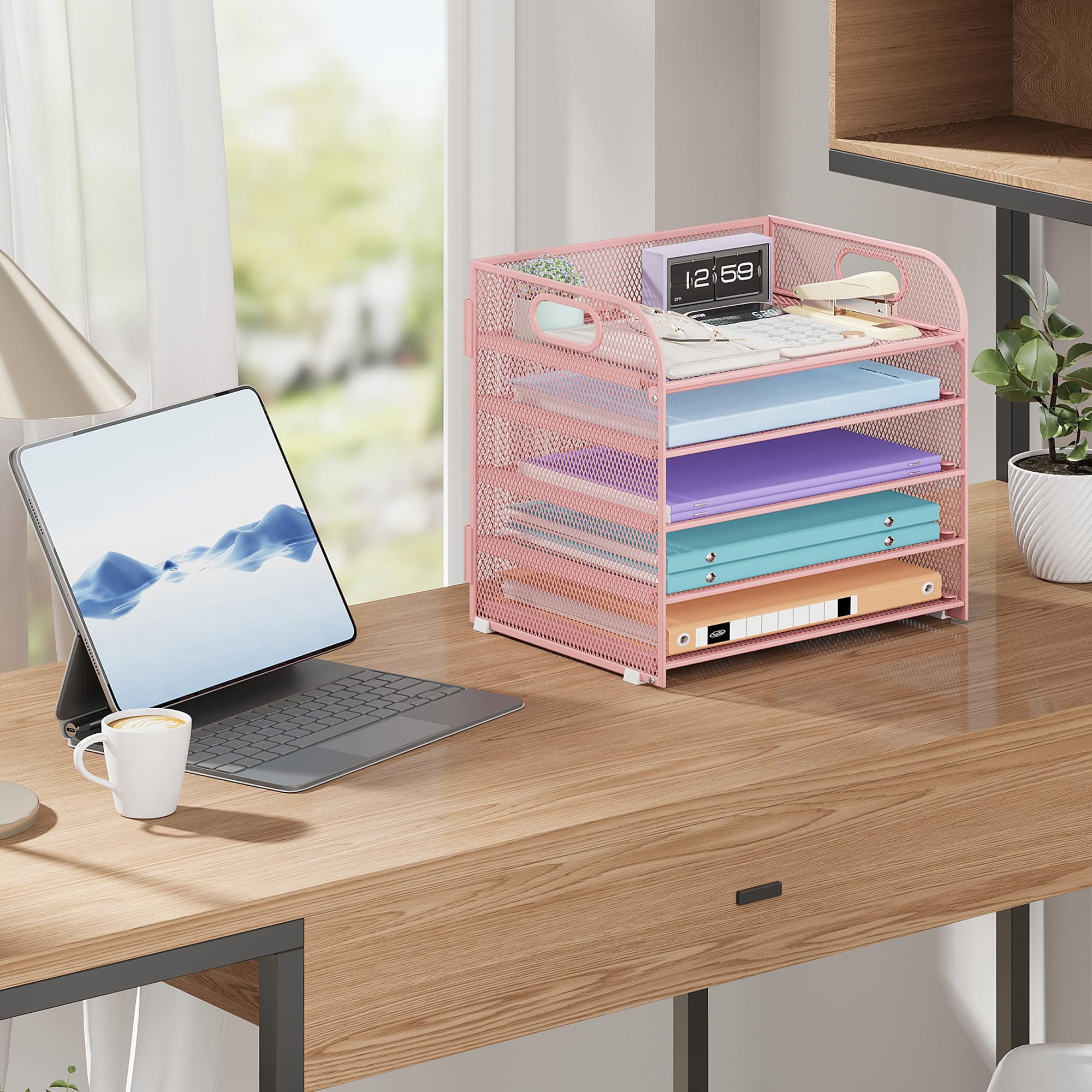 5 Tier Paper Organizer With Handle  Pink Metal Mesh Desk File Folder Letter Tray Desktop Document Sorter For Classroom School Office Accessories Organization And Storage