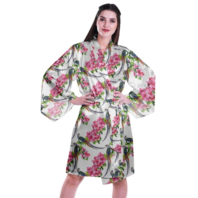 Moomaya Printed Womens Kimono Sleeve Robes Satin Silk Getting Ready Bridal Robe Coverup