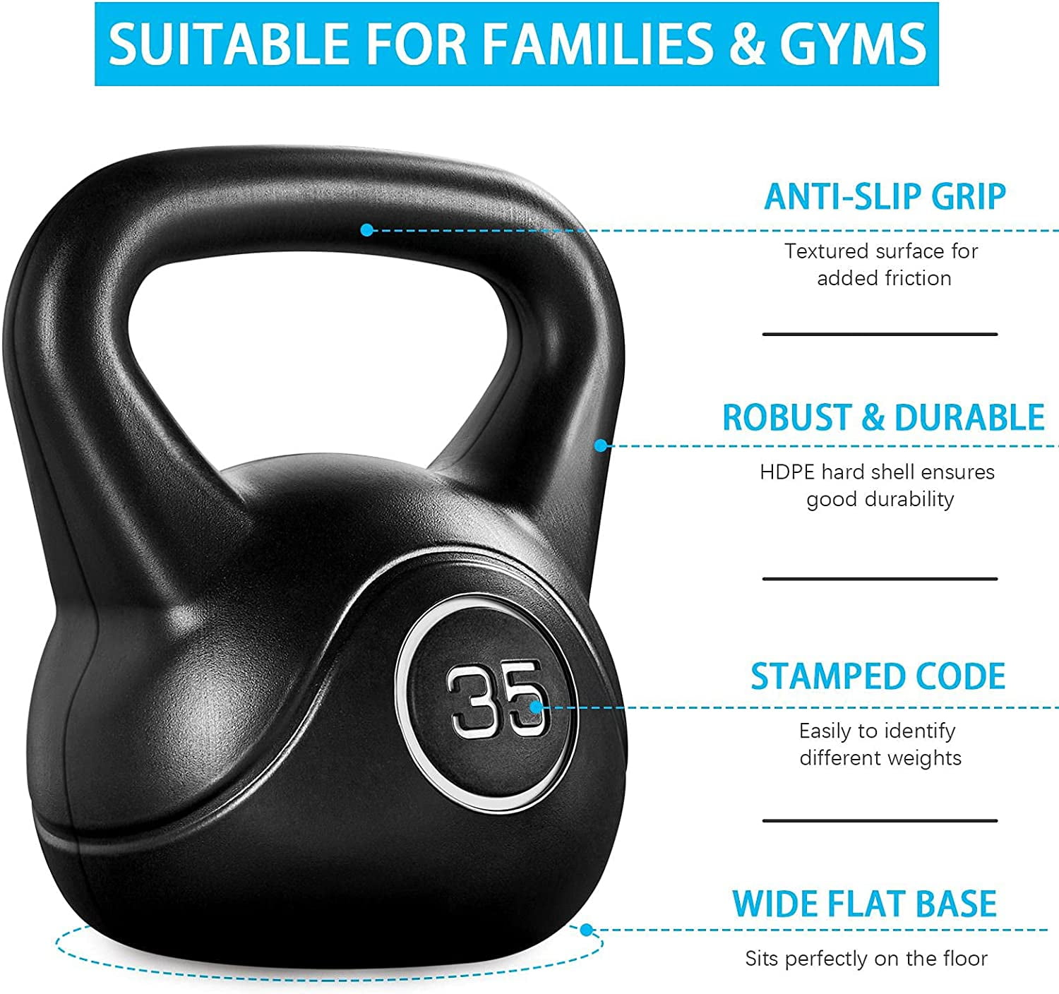 35lbs Kettlebell Weights, Men & Women Home Gym Kettle Bell Exercise & Fitness Equipment w/Wide Flat Base & Textured Grip for Strength Training