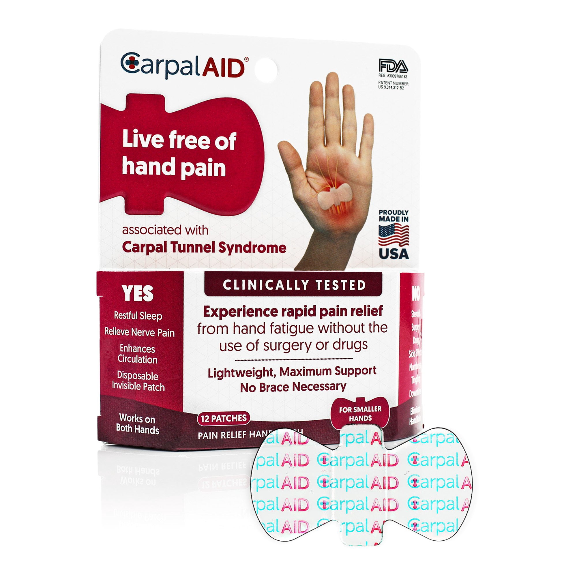 Carpal AID Clear Plastic Adhesive Hand-Based Carpal Tunnel Support for Either Hand SM12PK, 12 Ct