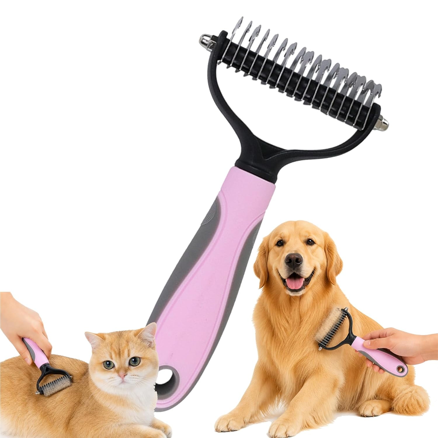 ACDANC Undercoat Rake Pet Grooming Tool-Double Sided Dematting Comb for Dogs and Cats,Stainless Steel Deshedding Brush for Shedding,Tangles&Matted Fur,For Long Haired&Thick Coat Pets (Pink)