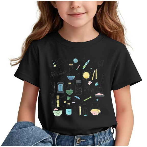 Fesfesfes Summer Cute Printed Pattern T-shirt with Short Sleeves for Children School Season Round Neck Half Sleeve Casual Tops for Boys Girls(Black,11 Years)