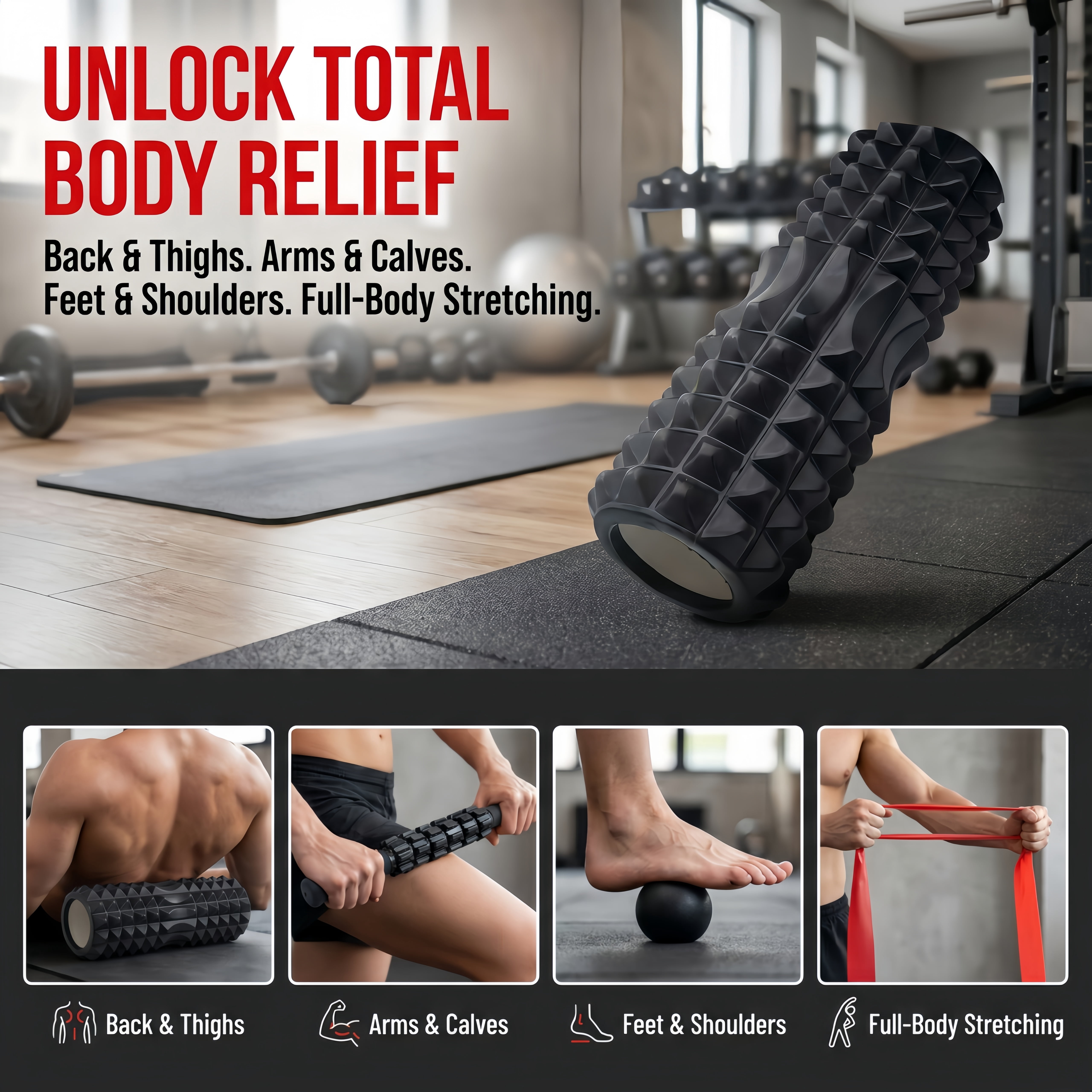 DEKEones 5 in 1 Foam Roller Set, Deep Tissue Muscle Massage Roller Kit with Massage Stick, Massage Ball, Resistance Band & Carry Bag for Sore Muscle Relief, Myofascial Release, Trigger Point Therapy