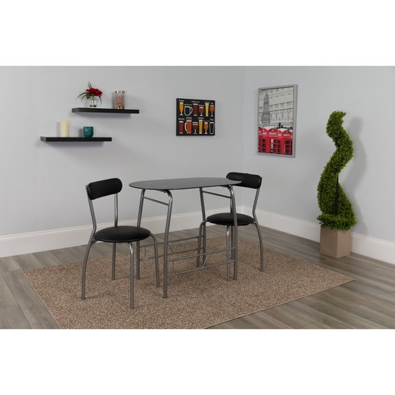 Emma   Oliver 3 Piece Black Glass Space-Saver Bistro Set with Padded Chairs