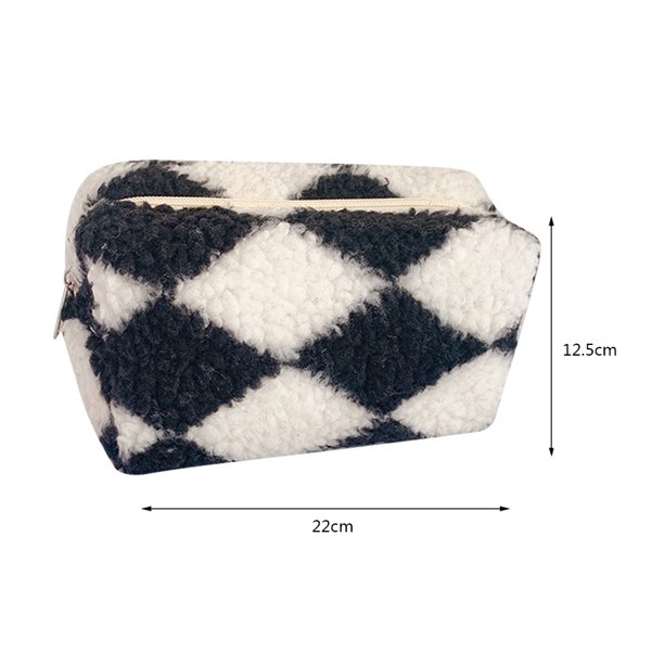 Bolsa de cosméticos de tablero de ajedrez Bolsas de maquillaje de felpa suave para niñas adolescentes (negro) Ndcxsfigh Para Estrenar