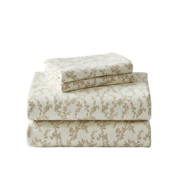 Victoria 3-Piece Beige Floral Flannel Twin Sheet Set