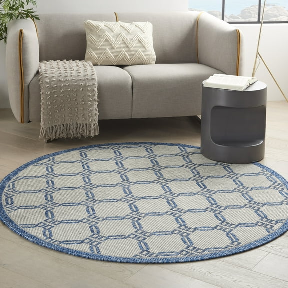 Nourison Garden Party Indoor/Outdoor Traditional Trellis Ivory Blue 5'3" x round Area Rug, (5' Round)