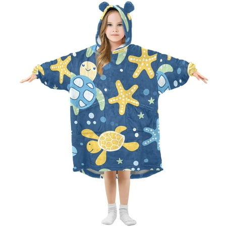 

joogoo Wearable Blanket Hoodie for Kids Turtle and Sea Star Flannel Oversized Sweatshirt 3-14 Years L