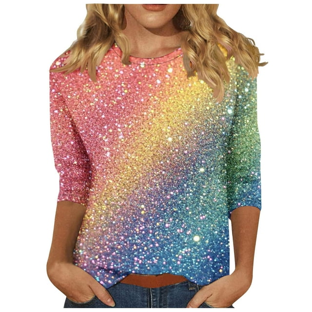 Besolor Hauts à Manches 3/4 pour Femmes Col Rond Décontracté T-Shirts Scintillants Grande Taille Imprimé Tendance Dégradé