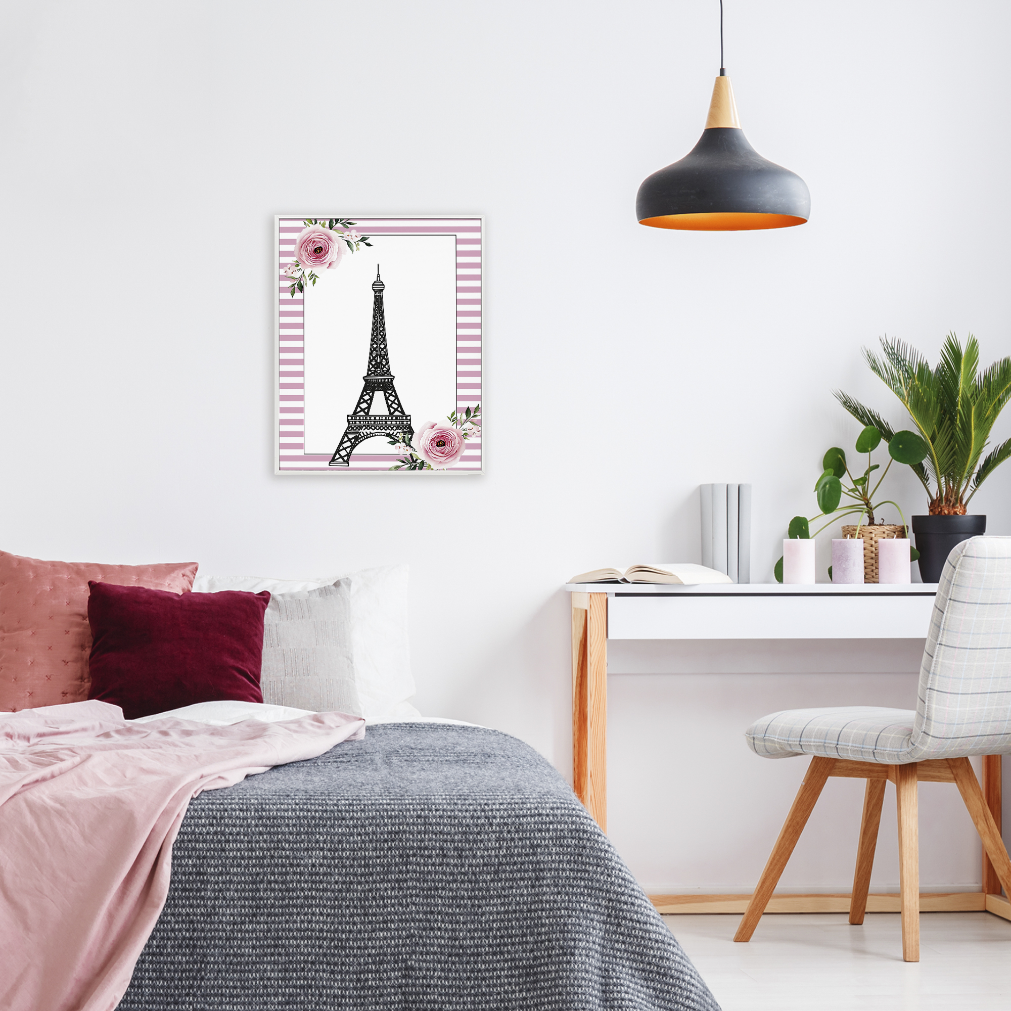 Parisian Tower & Roses White Framed Giclee Art, design by Christine Simpson Art