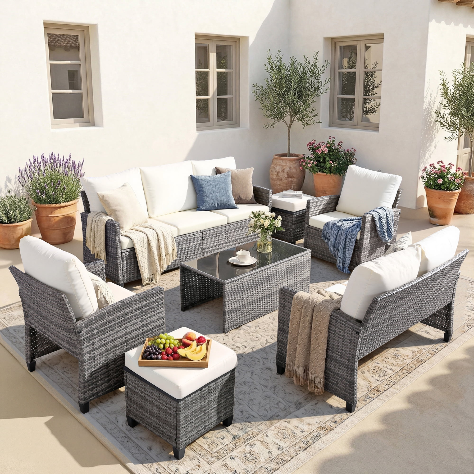 Outdoor Patio Furniture Sets Wicker Conversation Set PE Rattan Sectional Sofa Couch with Ottomans, and Coffee Table for Backyard, Porch and Garden(gray&Beige)