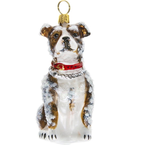 Snowy American Staffordshire Polish Glass Christmas Dog Ornament
