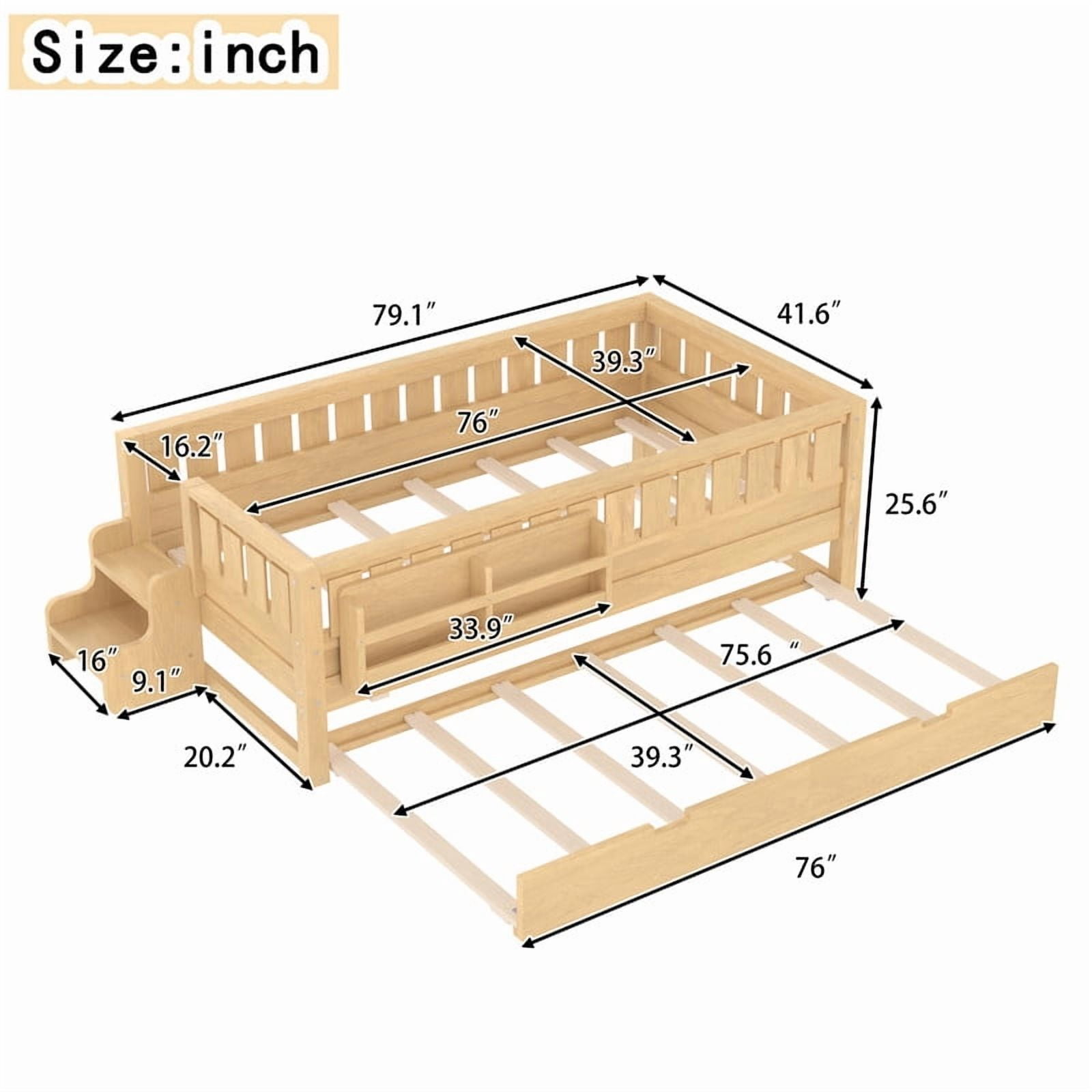Twin Size Low-Profile Kid's Platform Bed with Built-in Bookshelves & Small Staircase, Wooden Bed Frame with Safety Rails & Trundle